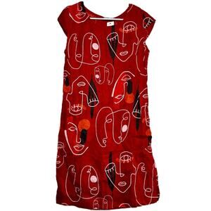 Puro Lino Dress 100% Linen Art to Wear Eye Print Cap Sleeve Red Small NWT